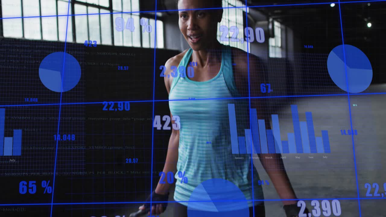 Woman starting skipping, wrists rotating, camera rising feet-to-face, blue charts tracking fitness
