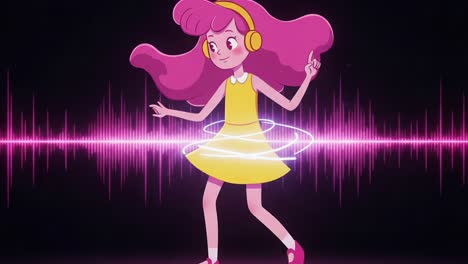a joyful animated character dancing with headphones in a vibrant musical environment, captivated by the rhythm and visual waves of sound, exuding fun and energy