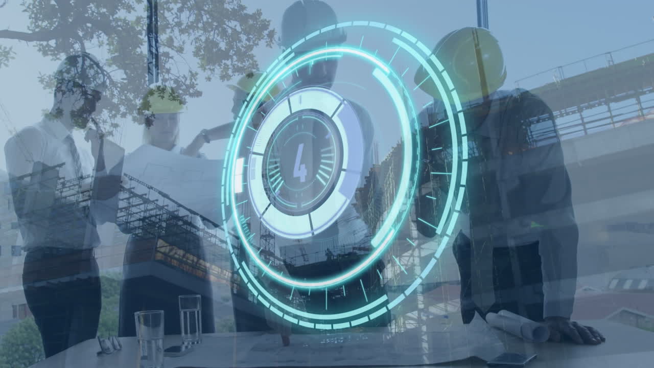 animación del círculo de procesamiento sobre diversos ingenieros con el plan y el sitio de construcción