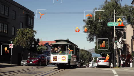 Animation-of-eco-icons-with-data-processing-over-cityscape