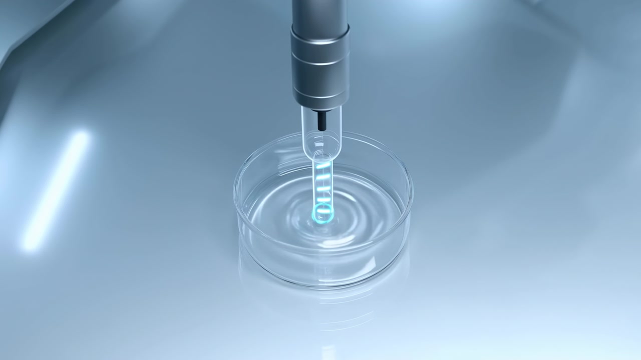 Nærbillede af en laboratoriepipette, der frigiver en klar væske ned i en petriskål af glas på en steril overflade, med ren klinisk belysning og et minimalistisk forskningsmiljø