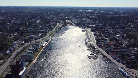 aerial view of a german town with river and marina