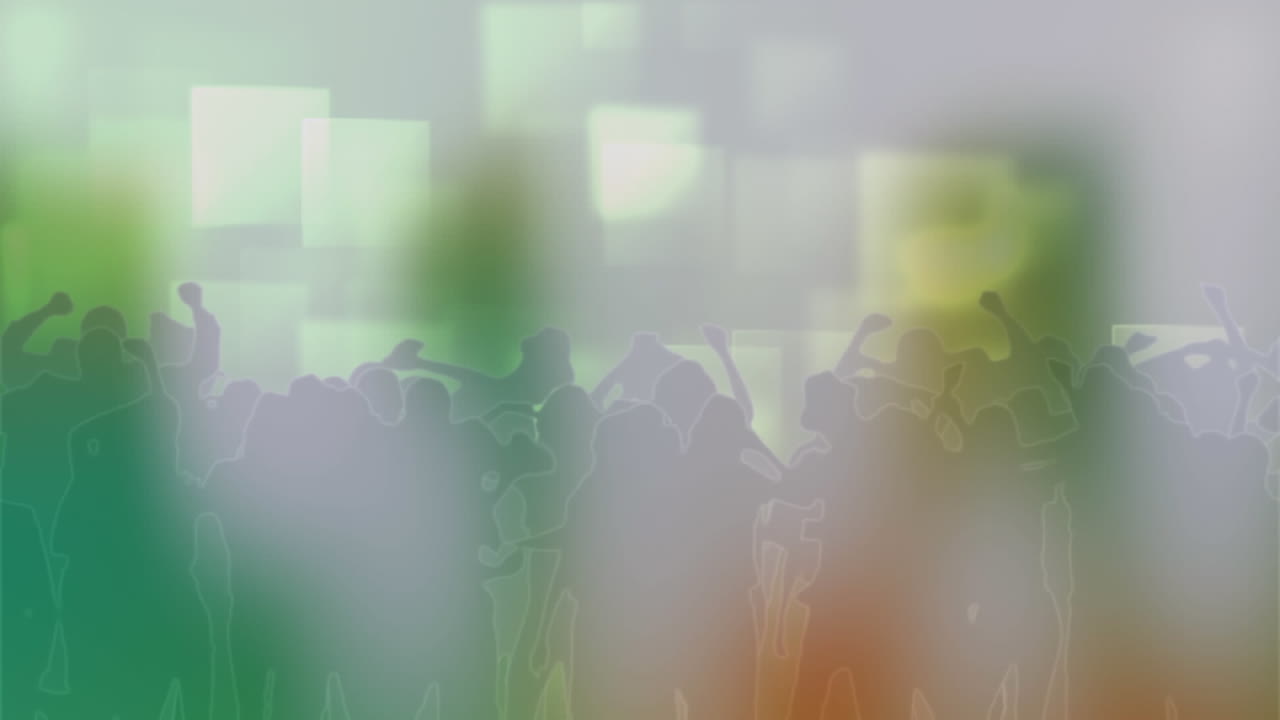 춤추는 군중 위에 푸른 사각형의 빛 투영과 연기의 애니메이션