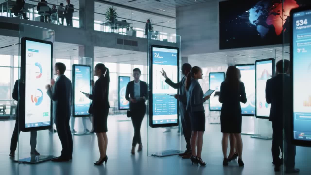 Business Meeting in Modern Office with Interactive Displays
