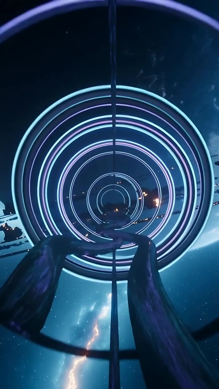 Vertical video: Advancing camera being drawn toward glowing axis, passing neon rings, tubes nearing