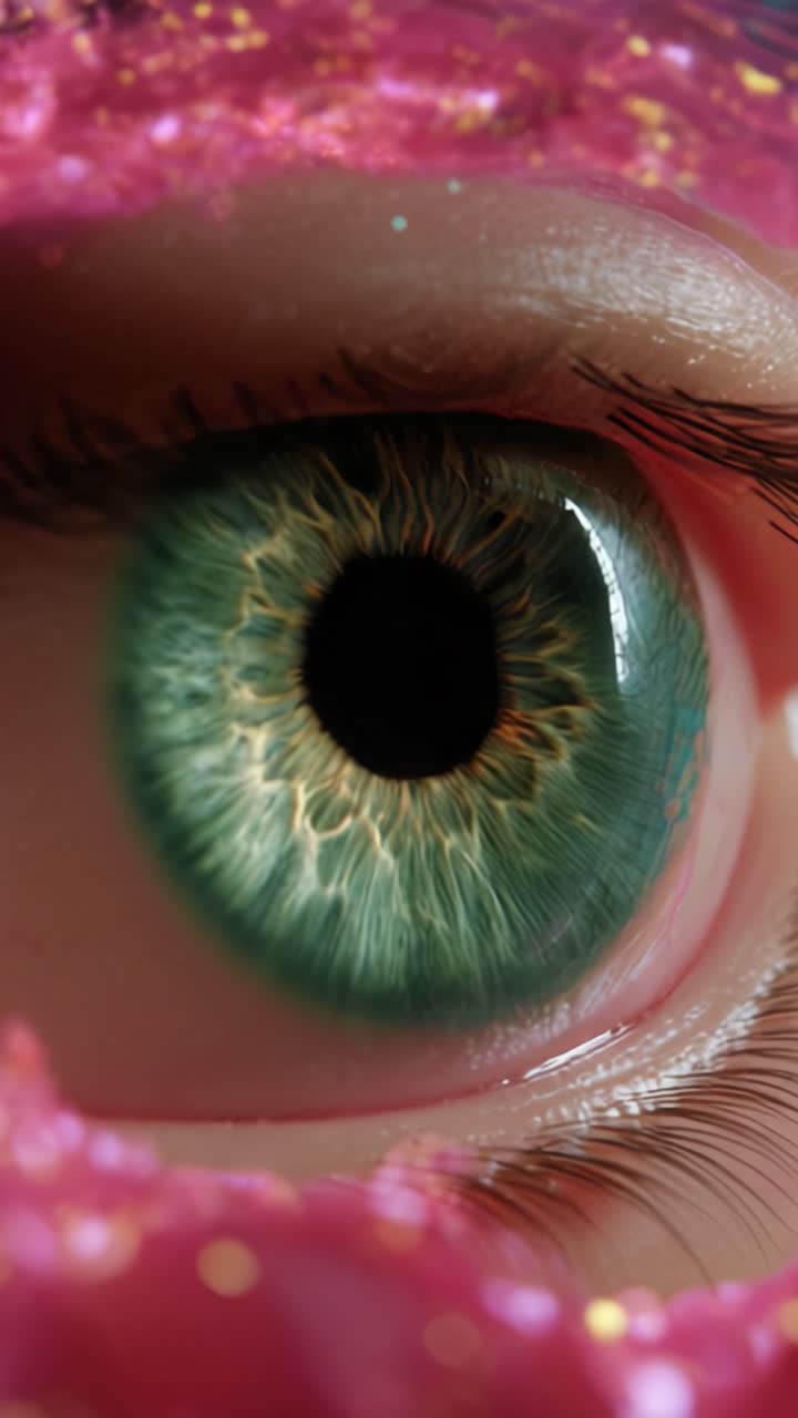 Close-Up of Beautiful Eye Surrounded by Shimmering Glitter, Capturing Intricate Details of Iris and Pupil in Vibrant Colors and Texture