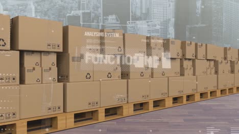 animation of statistics processing over cardboard boxes on conveyor belt and cityscape