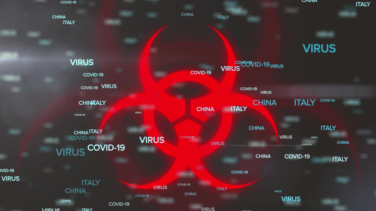 animación de múltiples textos de covid 19 sobre advertencia cantando en un fondo oscuro