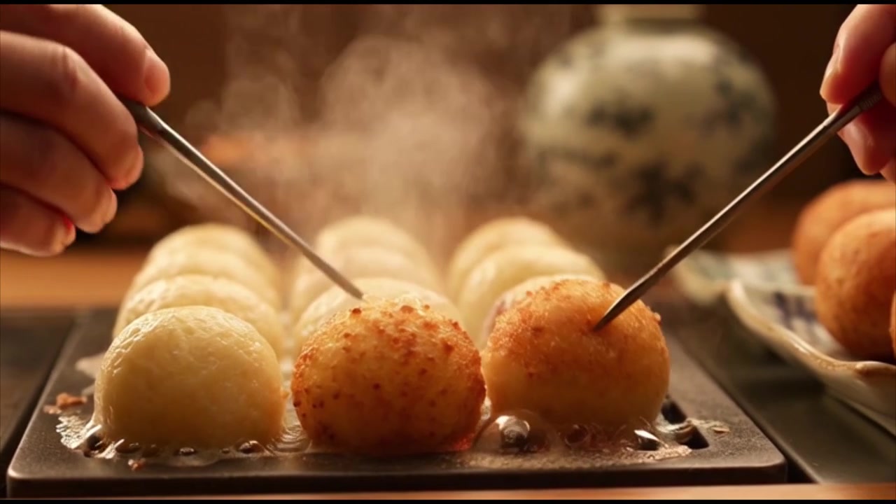 Kok tilbereder frisk takoyaki på en varm stegeplade