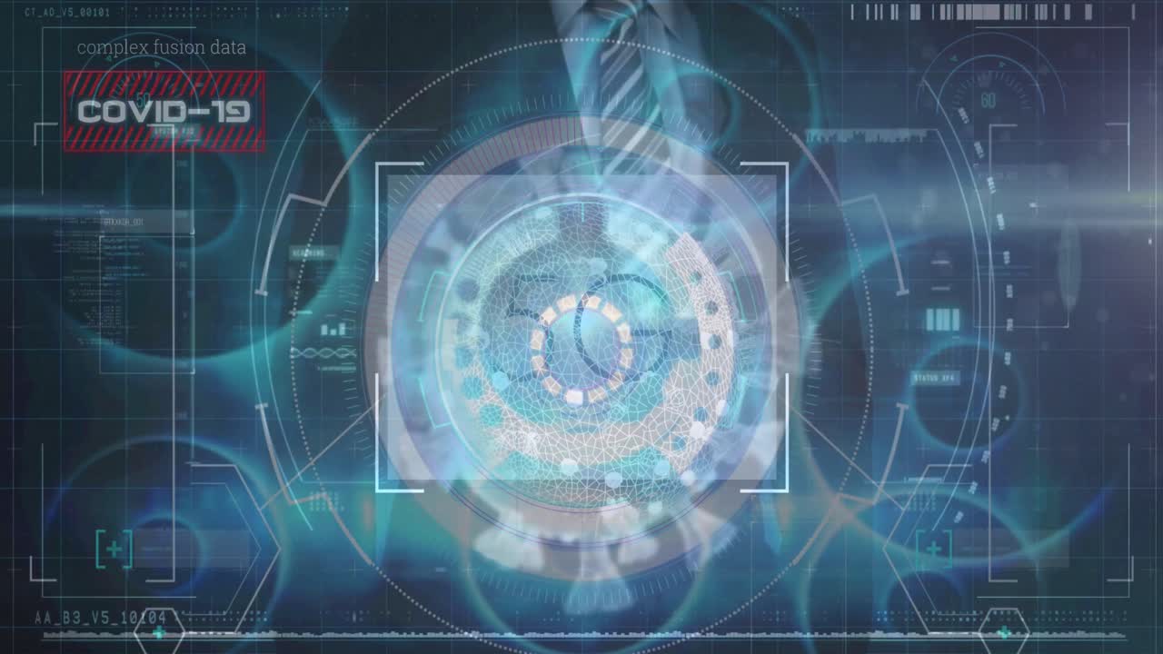 카우카시안 사업가와 데이터 처리의 범위 스캐닝과 바이러스 세포의 애니메이션