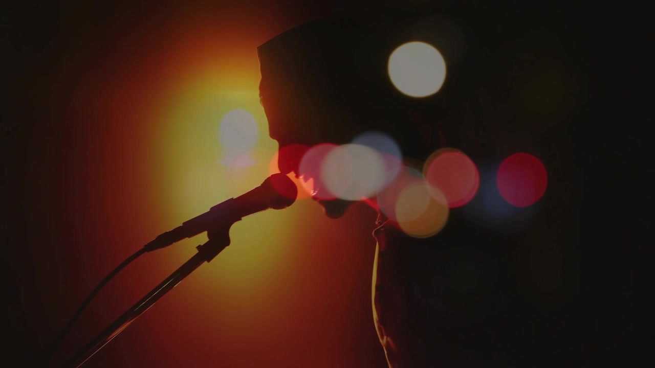 Premendo i tasti, la telecamera si allontana rivelando un musicista che canta al microfono sotto una retroilluminazione per un concerto.