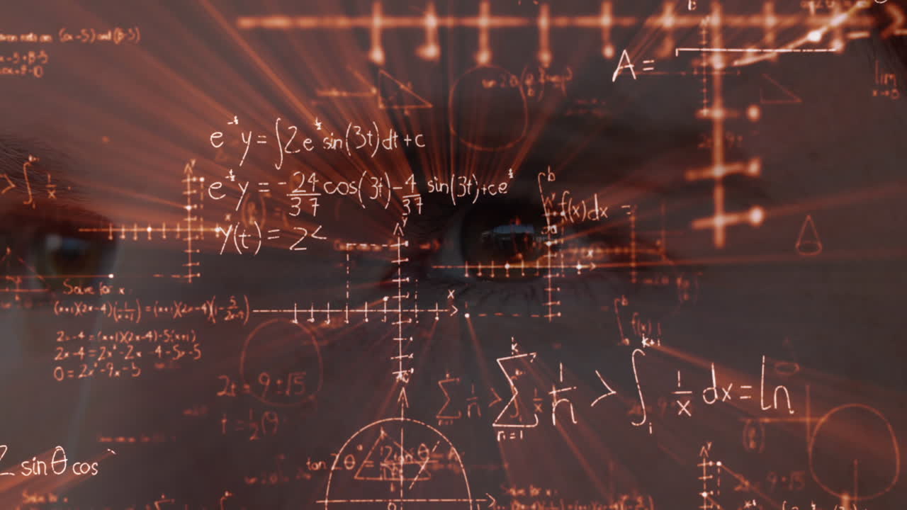 animación de una vista de cerca de los ojos de un hombre caucásico con fórmulas matemáticas flotantes