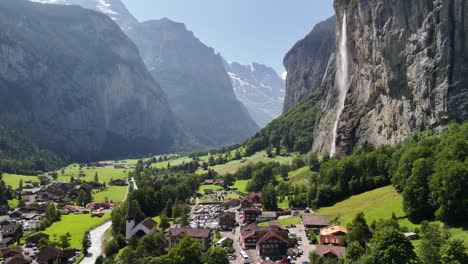 village swiss alps mountains waterfall, lauterbrunnen houses, switzerland