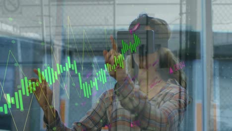 animación del procesamiento de datos sobre una mujer caucásica usando auriculares vr