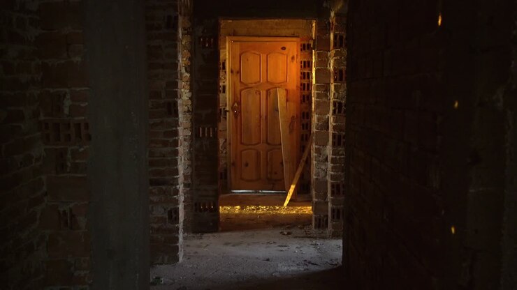 Interno di una vecchia, spaventosa casa abbandonata. Porta di legno alla fine di uno spaventoso corridoio di cemento. Struttura architettonica