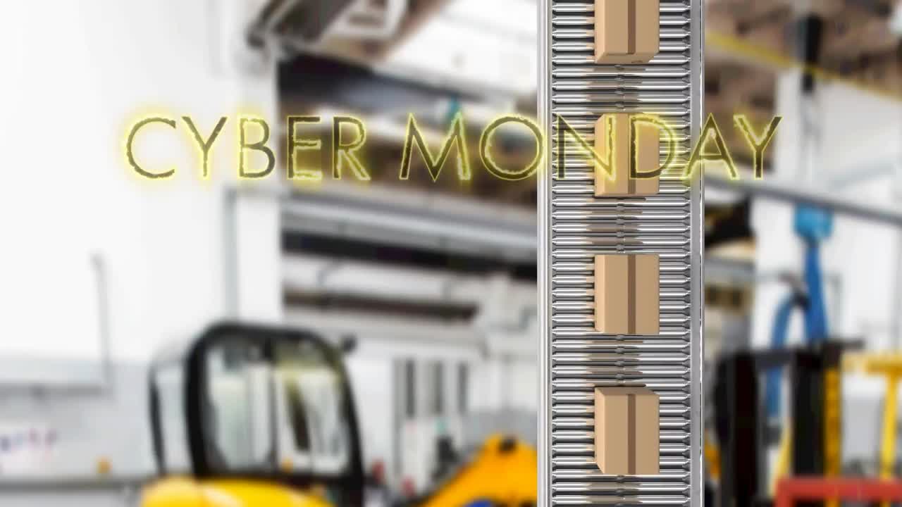 banner de texto amarillo de neón de cyber monday sobre varias cajas de entrega en la cinta transportadora contra la fábrica