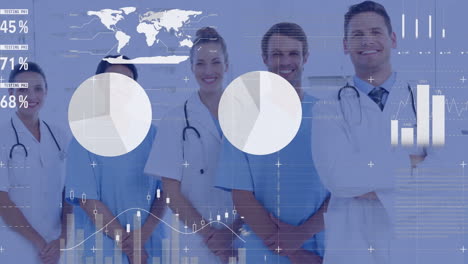 animation of data processing over diverse doctors and health workers smiling together at hospital