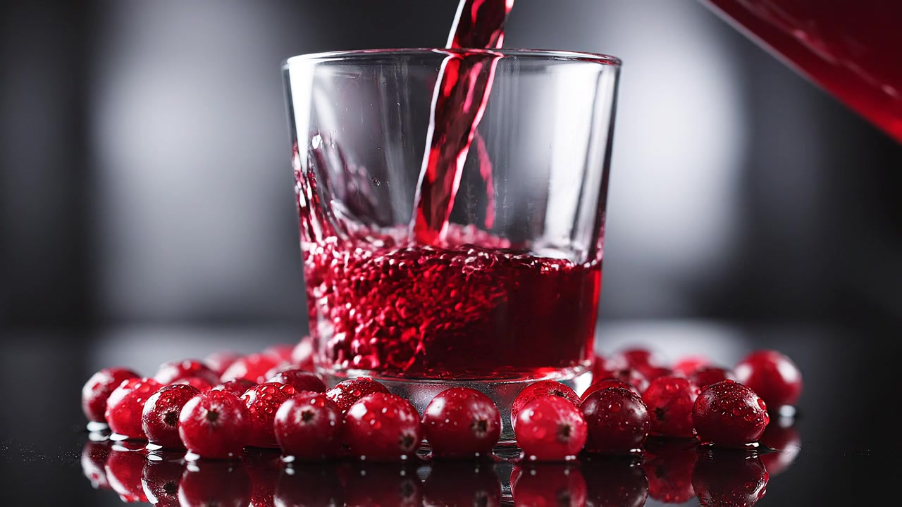 Succo fresco di mirtillo rosso che si versa in un bicchiere con bacche