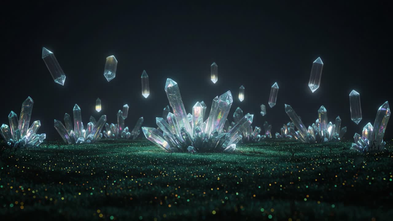 A Spectacular Display of Glimmering Crystals Radiating Light in a Mysterious Dark Landscape, Capturing Nature's Hidden Beauty and Intricate Details of These Stunning Minerals