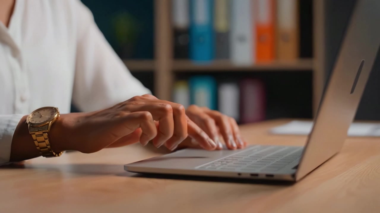Focused Hands Typing on a Laptop, Capturing the Essence of Productivity and Digital Engagement in a Modern Workspace Setting.