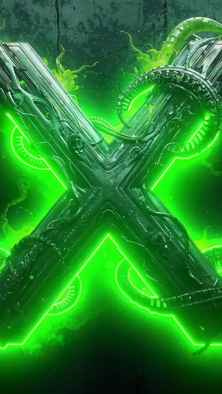 Vertical video: Seeping green plasma outlining metallic X with cables and patterns on cracked wall