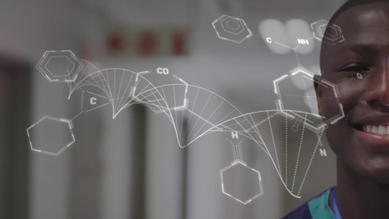 Animation of dna strand and data over african american smiling male doctor