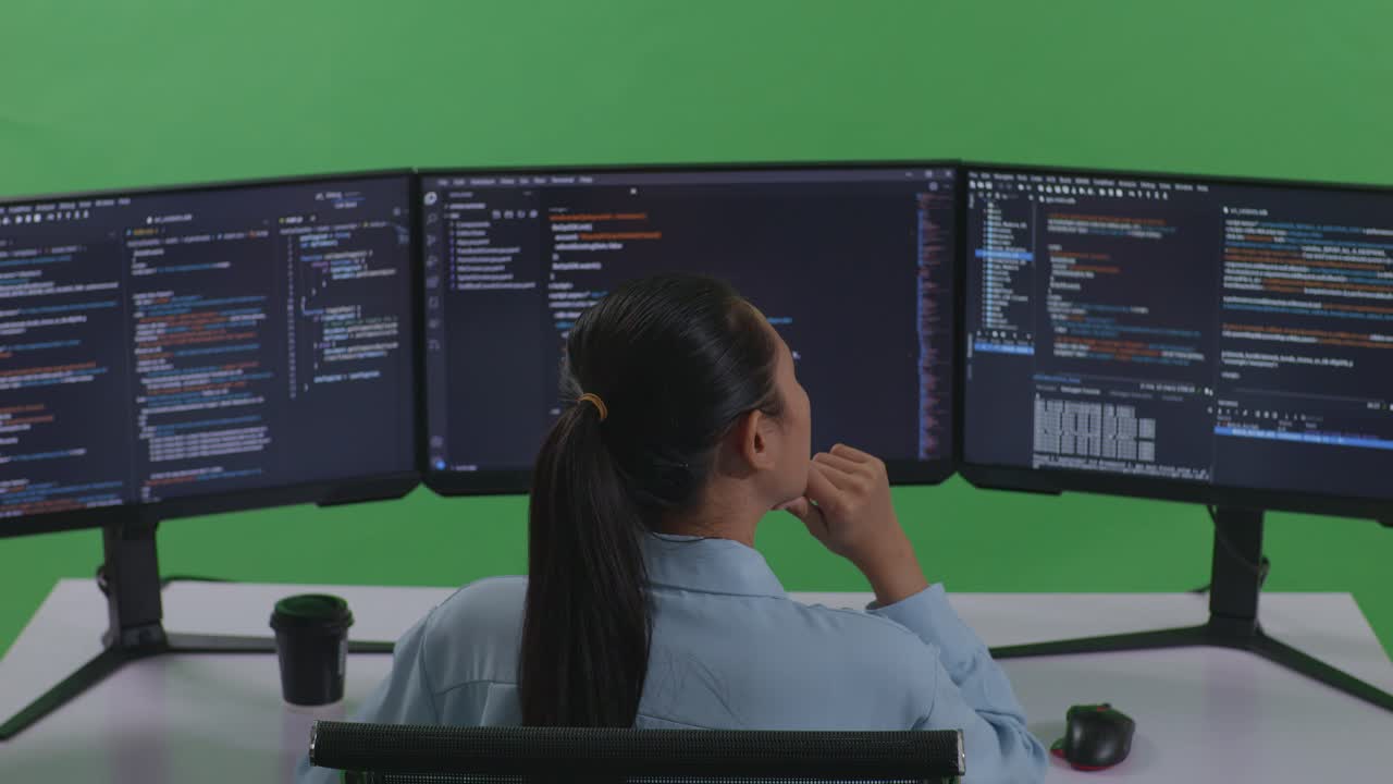 Woman Programmer Working on Code on Multiple Monitors
