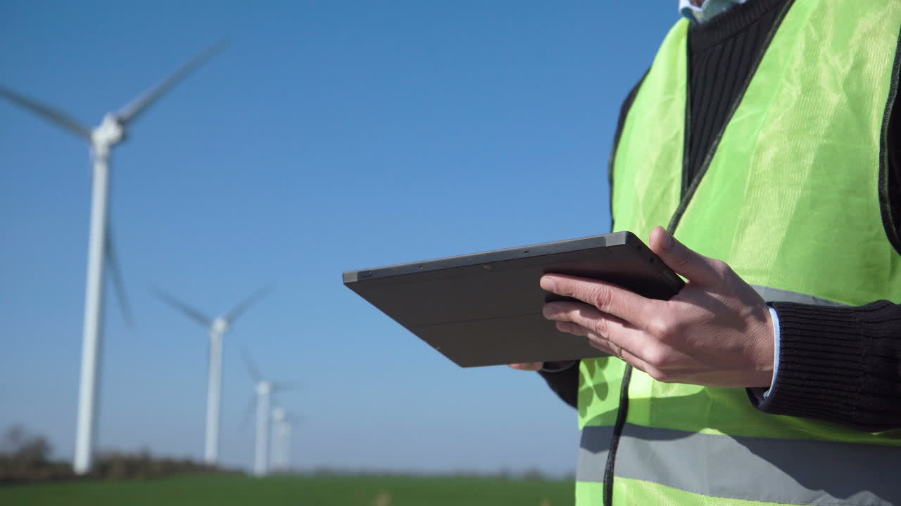 Engineer using tablet at a wind farm