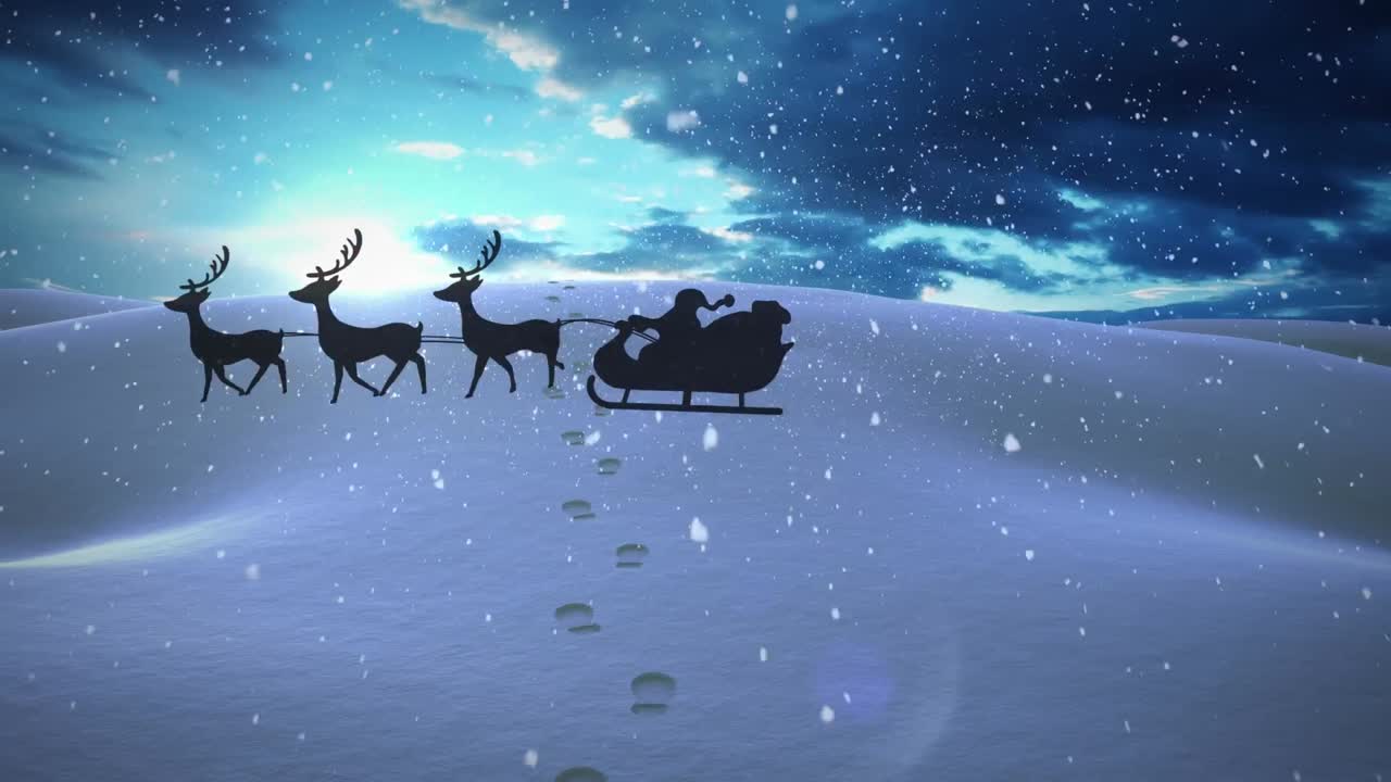 animación de nieve cayendo sobre santa claus en trineo con renos y paisaje de invierno