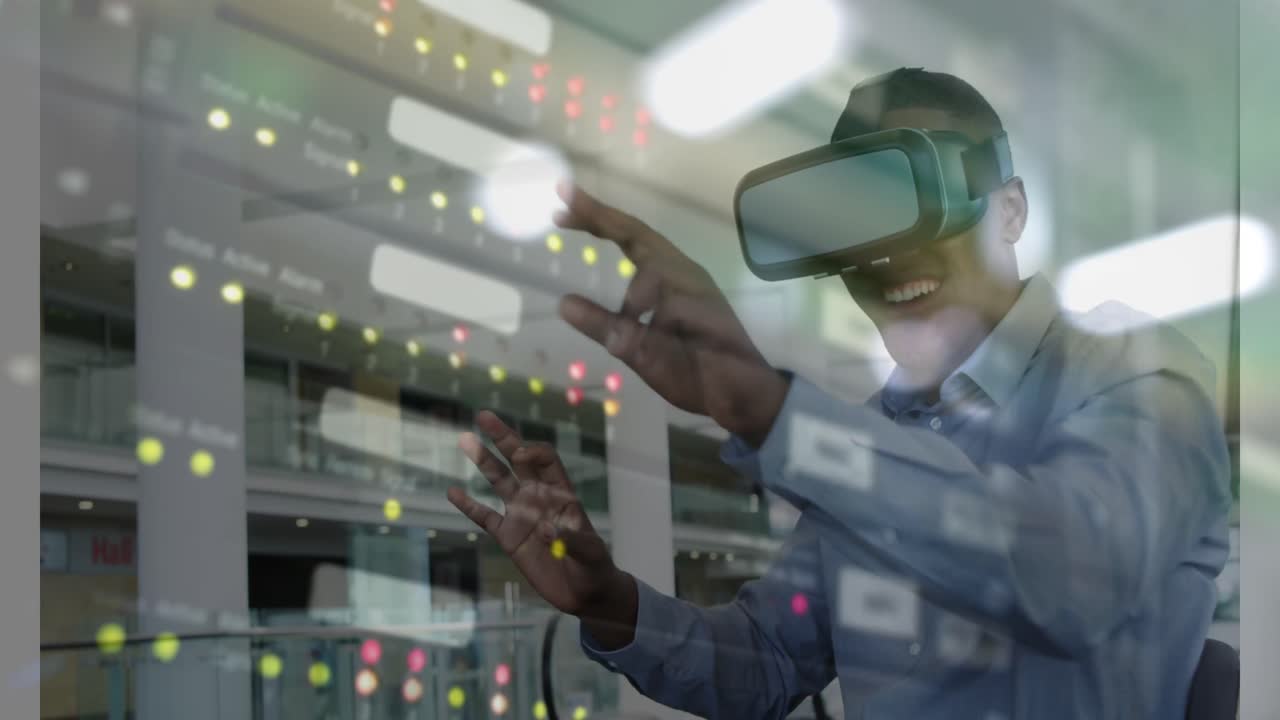 animación de hombres usando auriculares vr sobre la sala del servidor