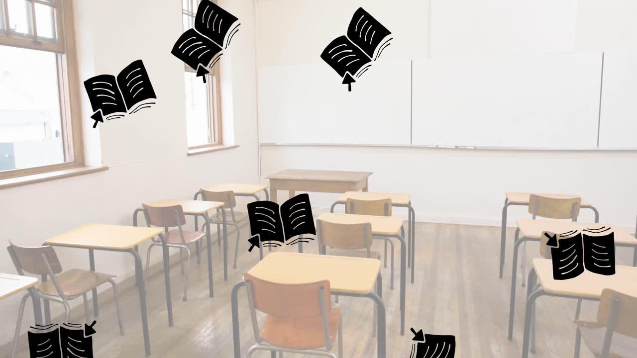 Molteplici icone di libri che cadono su una veduta di un'aula vuota a scuola.