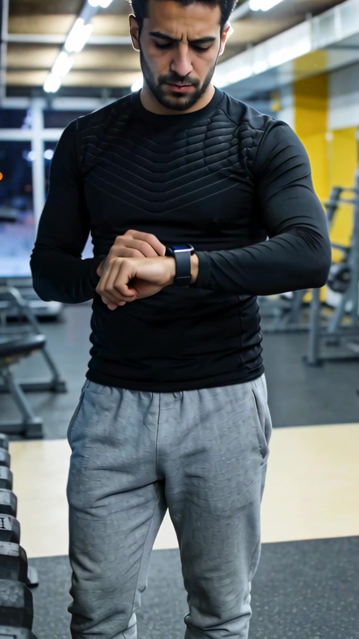 Vertical video: Glancing at wrist man black top tapping smartwatch by dumbbell rack starting timer