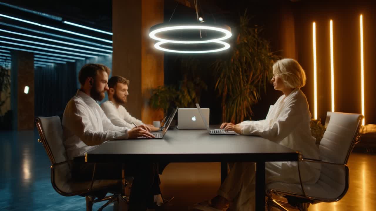 A Collaborative Modern Workspace Featuring Three Individuals Engaged in Creative Brainstorming at a Sleek, Minimalist Table Under a Unique Circular Lighting Fixture