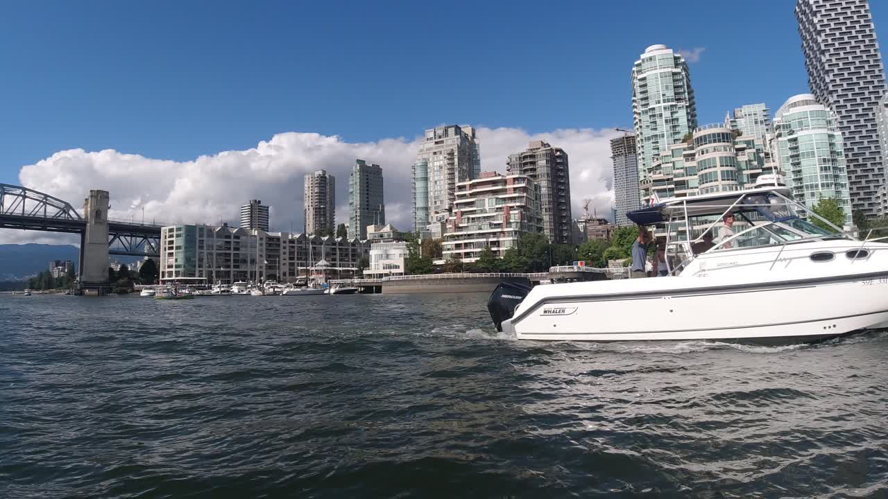 False Creek vancouver Downtown Canada where its usually packed with several dozen boaters its quite sparce with boats - peopel are not wearing a mask during COVID19 Long Weekend of social distancing
