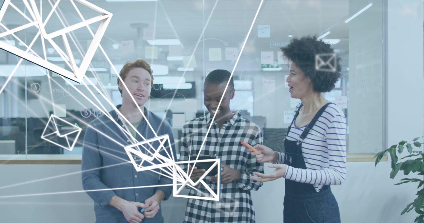 Animation of network of message icons over group of diverse colleagues discussing together at office