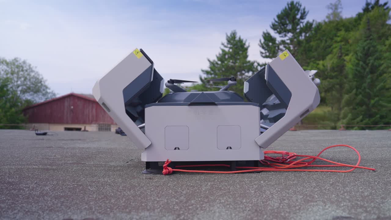 Static shot of portable drone dock station open with aircraft inside, Czechia