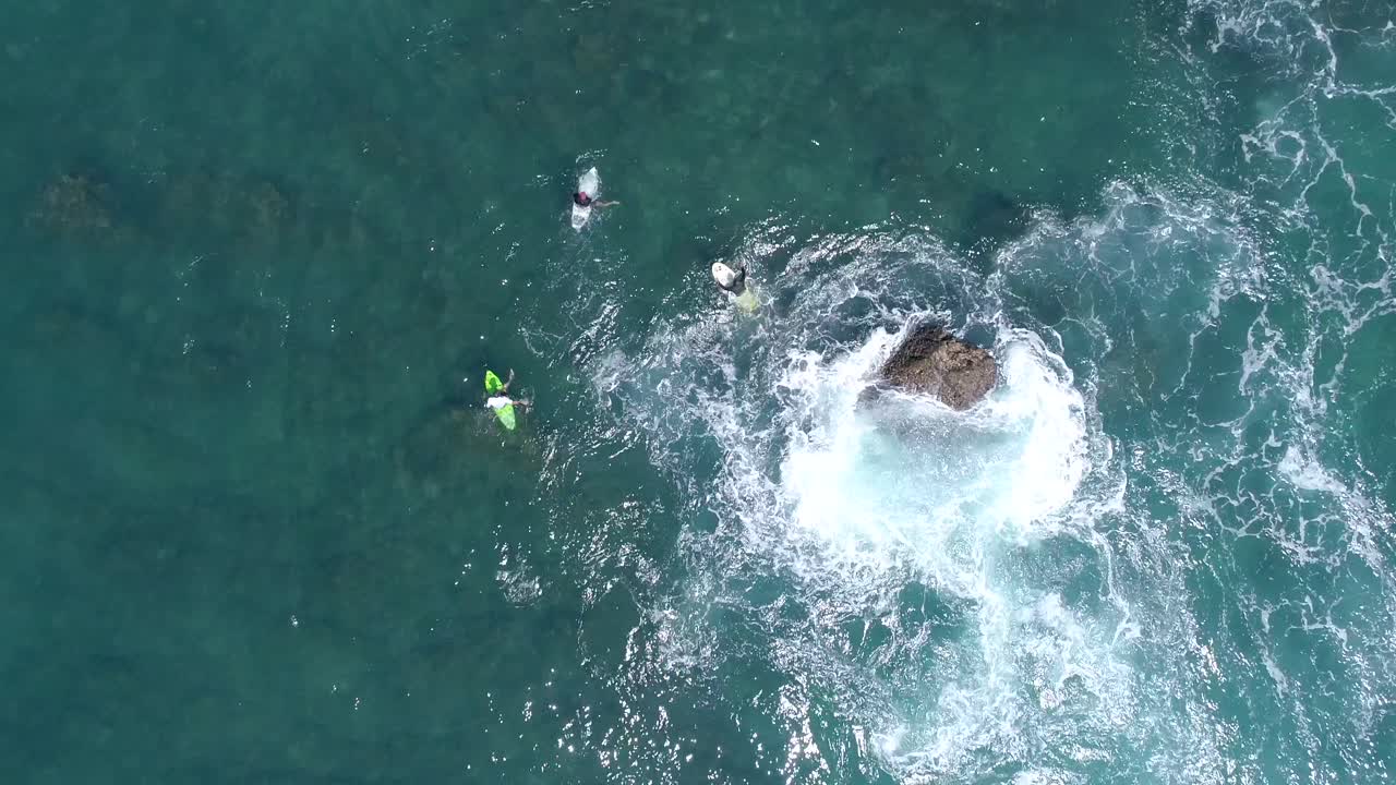 amplia toma de arriba hacia abajo desde la vista aérea de los surfistas esperando una ola