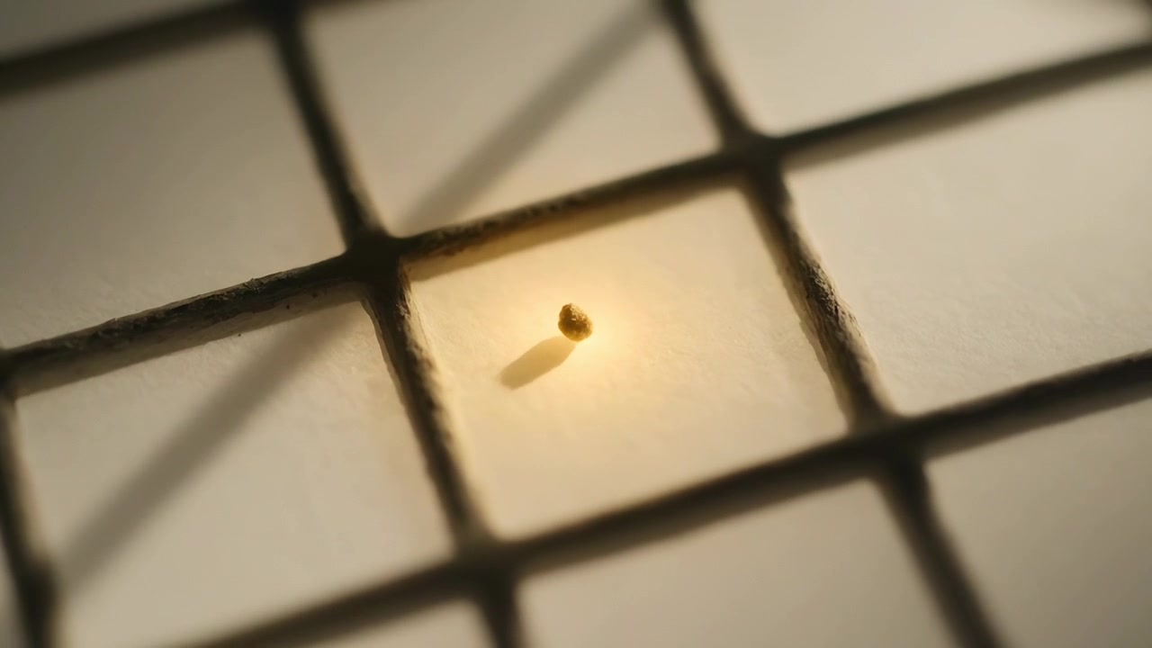 Recording camera filming small pale yellow tailed object tilting in backlit grid, light beneath