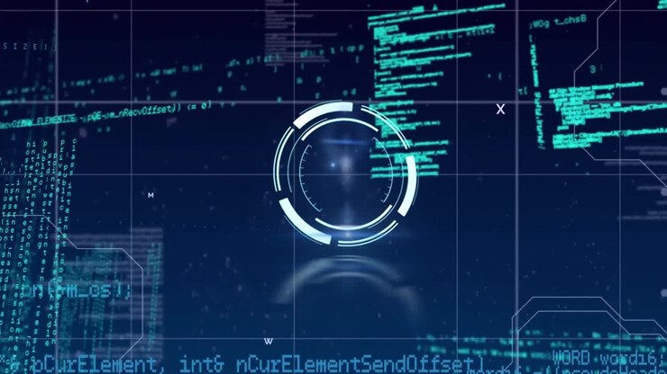 Animasjon av neonrundskanner og databehandling mot blå bakgrunn.