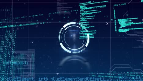 animation of neon round scanner and data processing against blue background