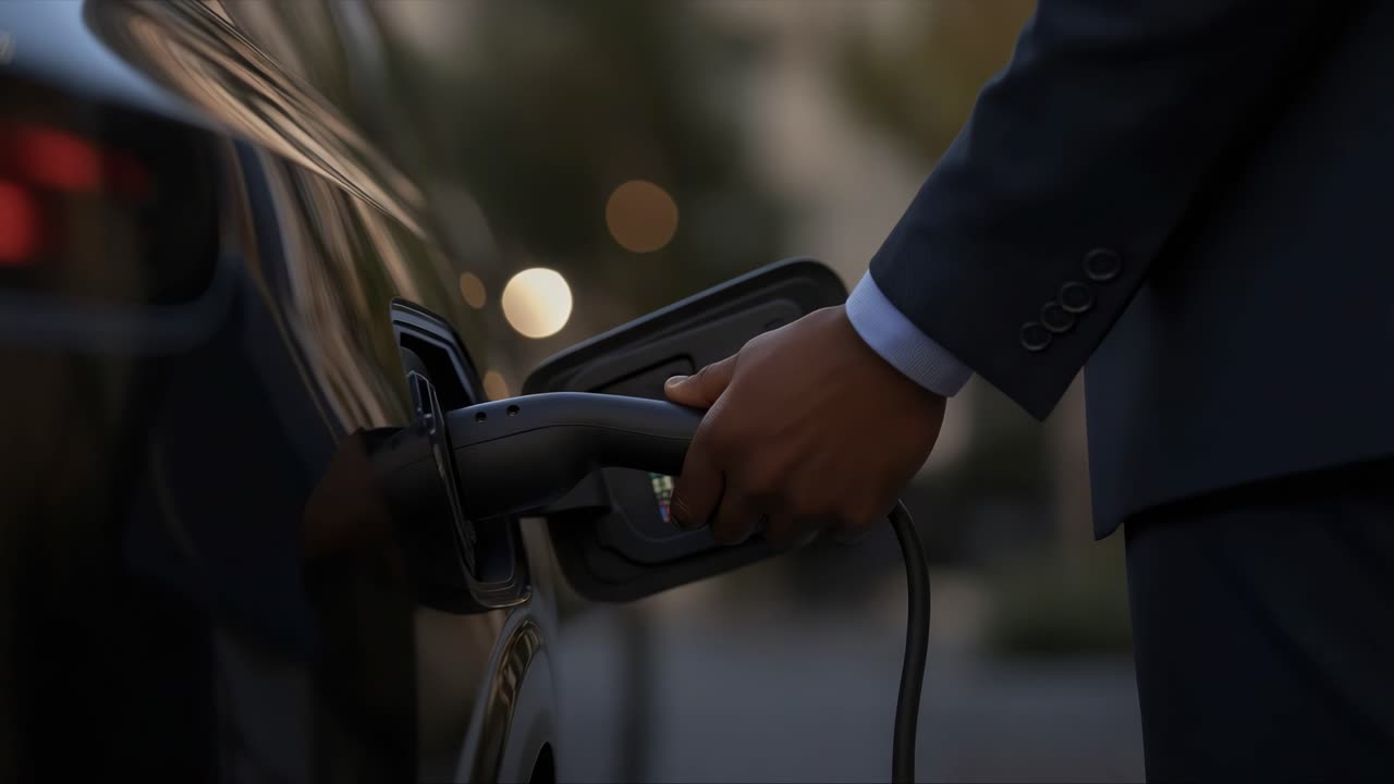 Businessman charging electric vehicle at station