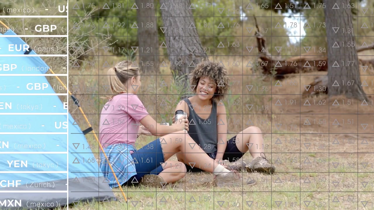 Pink-shirted woman reaching, offering thermos, friend taking, sharing sip, finance overlaying scene
