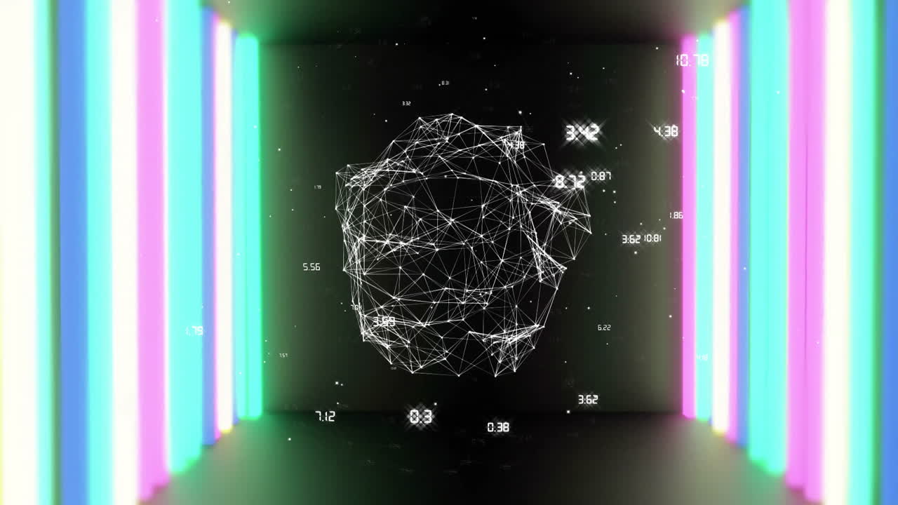 Animation of floating numbers around geometric wireframe sphere in neon-lit room