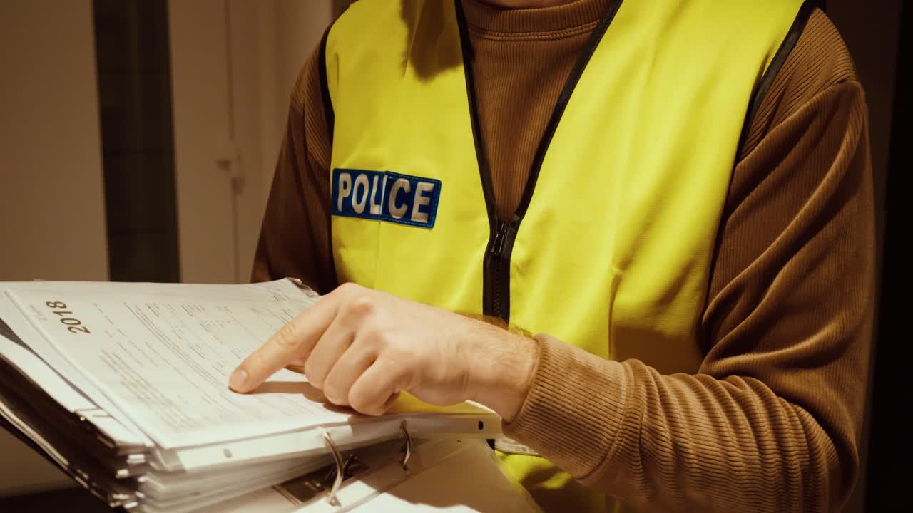 Primo piano di un ufficiale di polizia criminale economica che indossa un giubbotto di sicurezza mentre legge e indica un fascicolo. Concetto di indagine, crimine finanziario, documentazione delle forze dell'ordine e revisione ufficiale.