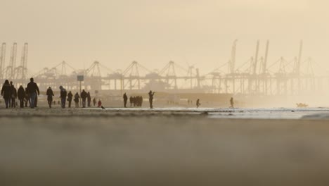 beautiful moody cinematic shot of silhouetted people on hook of holland beach