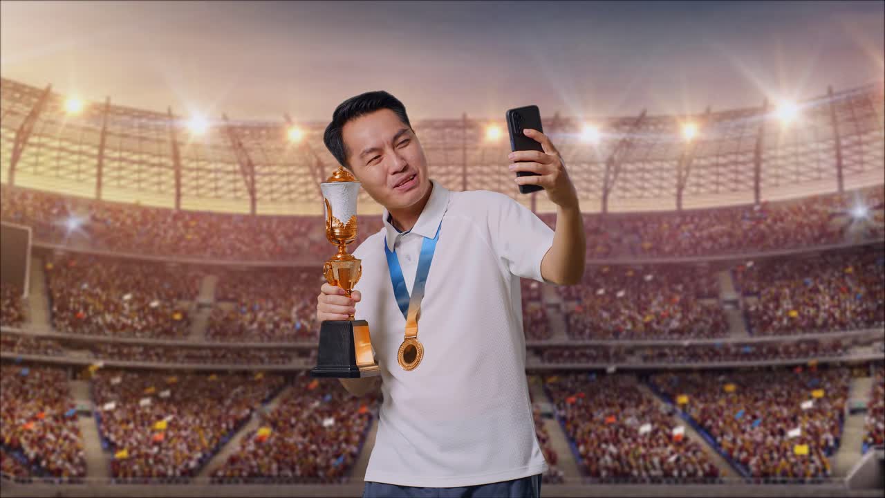 금메달을  아시아인 남자가 금 트로피를 들고 스타디움에서 첫 번째 우승자로 스마트폰으로 사진을 찍습니다.
