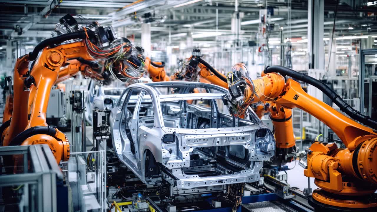High-angle video capture of an advanced car assembly line with robotic ...