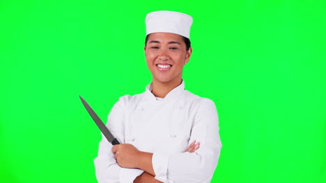 chef, mujer y retrato con un cuchillo en un verde