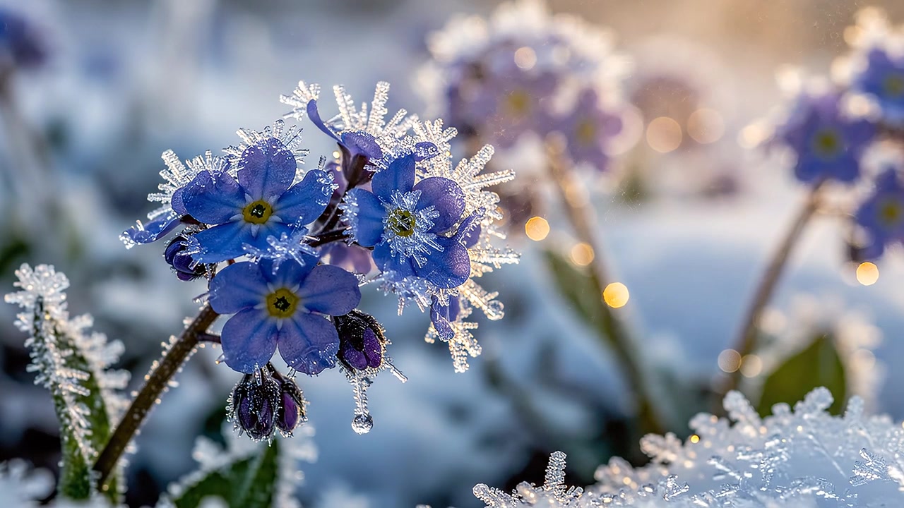 Fiori blu non ti scordar di me ricoperti di brina nella neve invernale.
