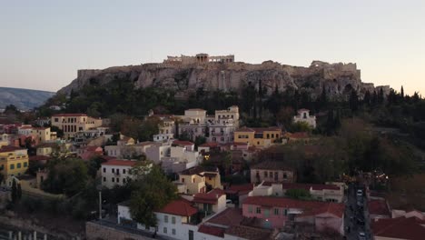 Athens,-Greece-city-skyline-at-sunset,-Aerial-view